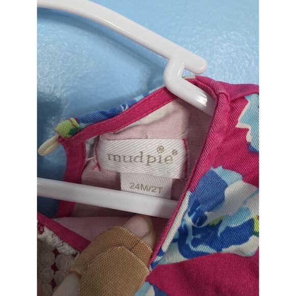 MUDPIE Girls Childs 24M/2T Hot Pink w/Blue Floral Print Sleeveless Shift Dress - Picture 2 of 5